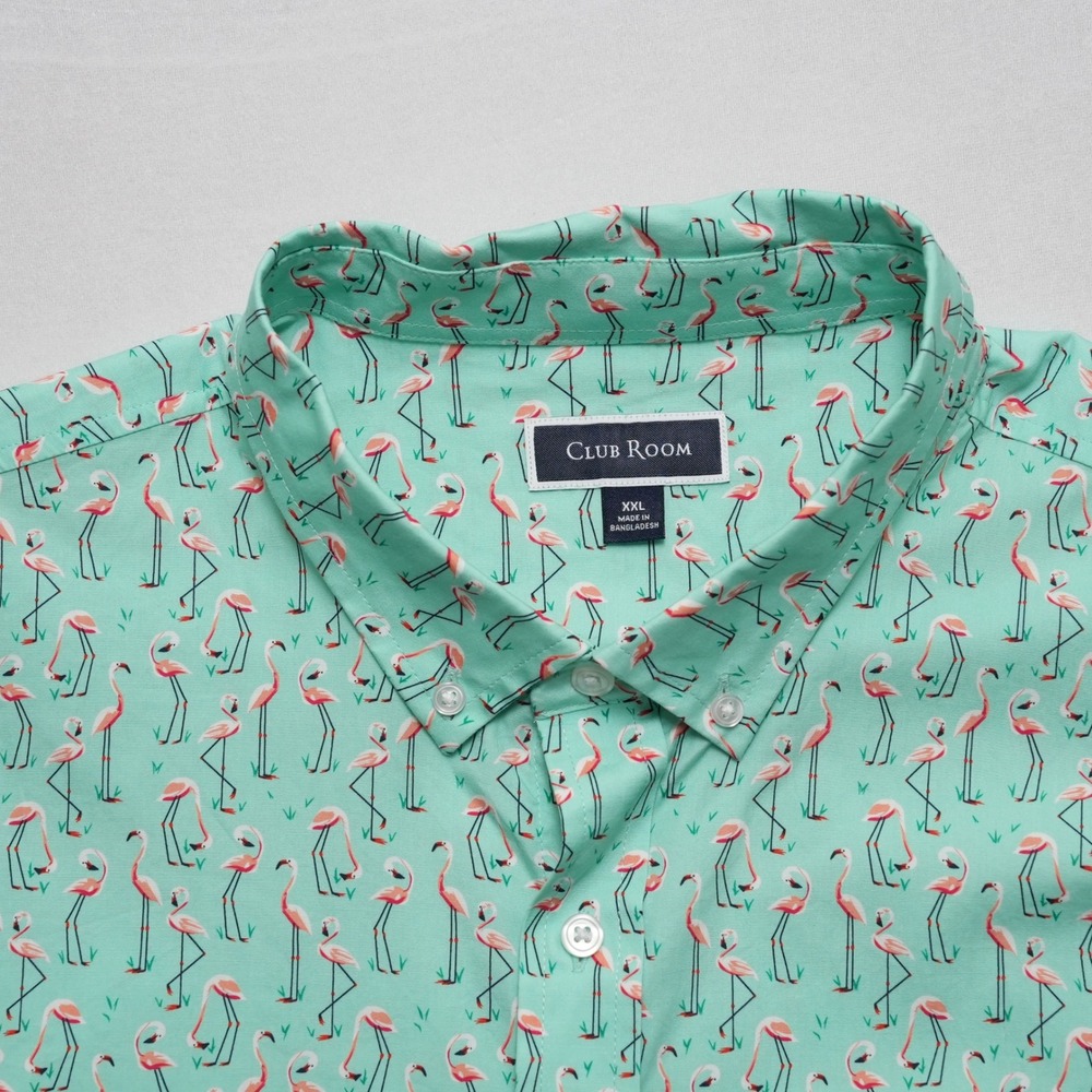 Club Room Button Up Shirt Mens XXL Green Flamingo Tropical Print Short Sleeve - Picture 4 of 16